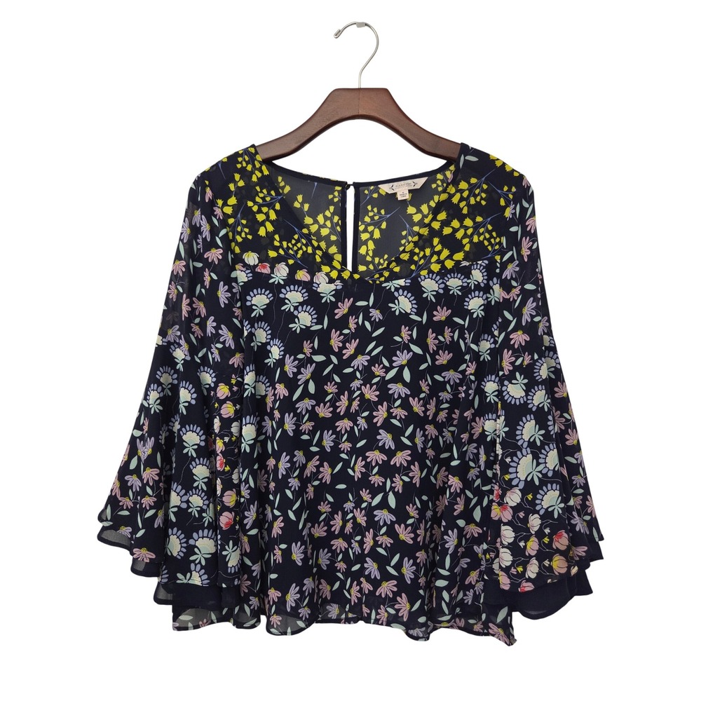 Nanette Lepore Floral Bell Sleeve Blouse Womens M Navy Multi